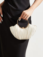 Shell-Shaped Pleated Satin Evening Bag – Gold Ring Handle Clutch