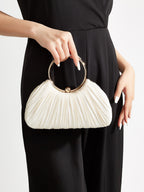 Pleated Satin Evening Bag – Gold Ring Handle Clutch with Chain