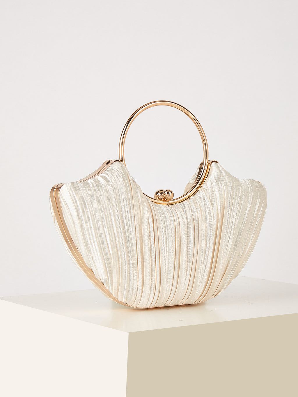 Shell-Shaped Pleated Satin Evening Bag – Gold Ring Handle Clutch