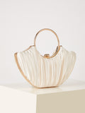 Shell-Shaped Pleated Satin Evening Bag – Gold Ring Handle Clutch