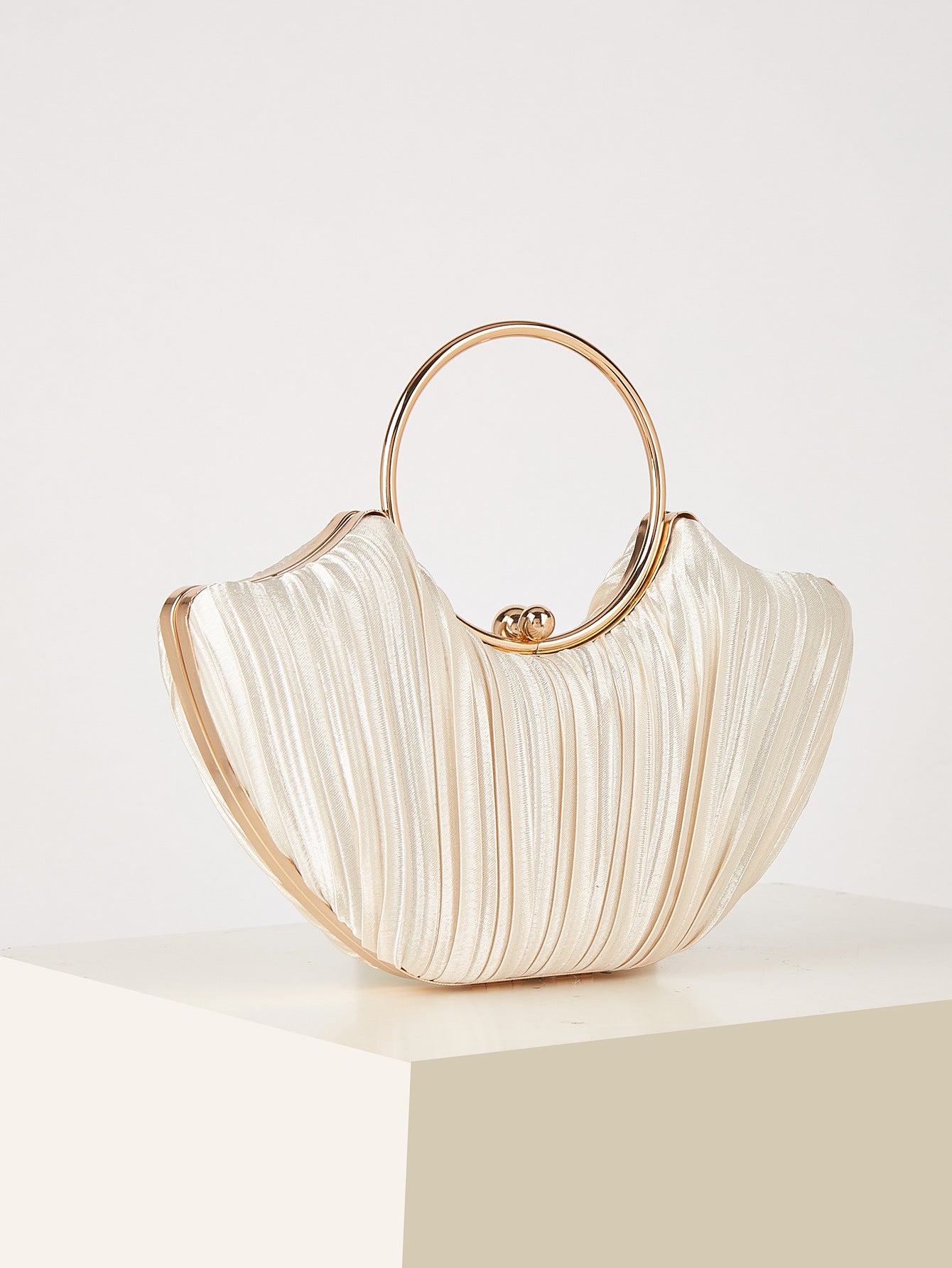 Shell-Shaped Pleated Satin Evening Bag – Gold Ring Handle Clutch