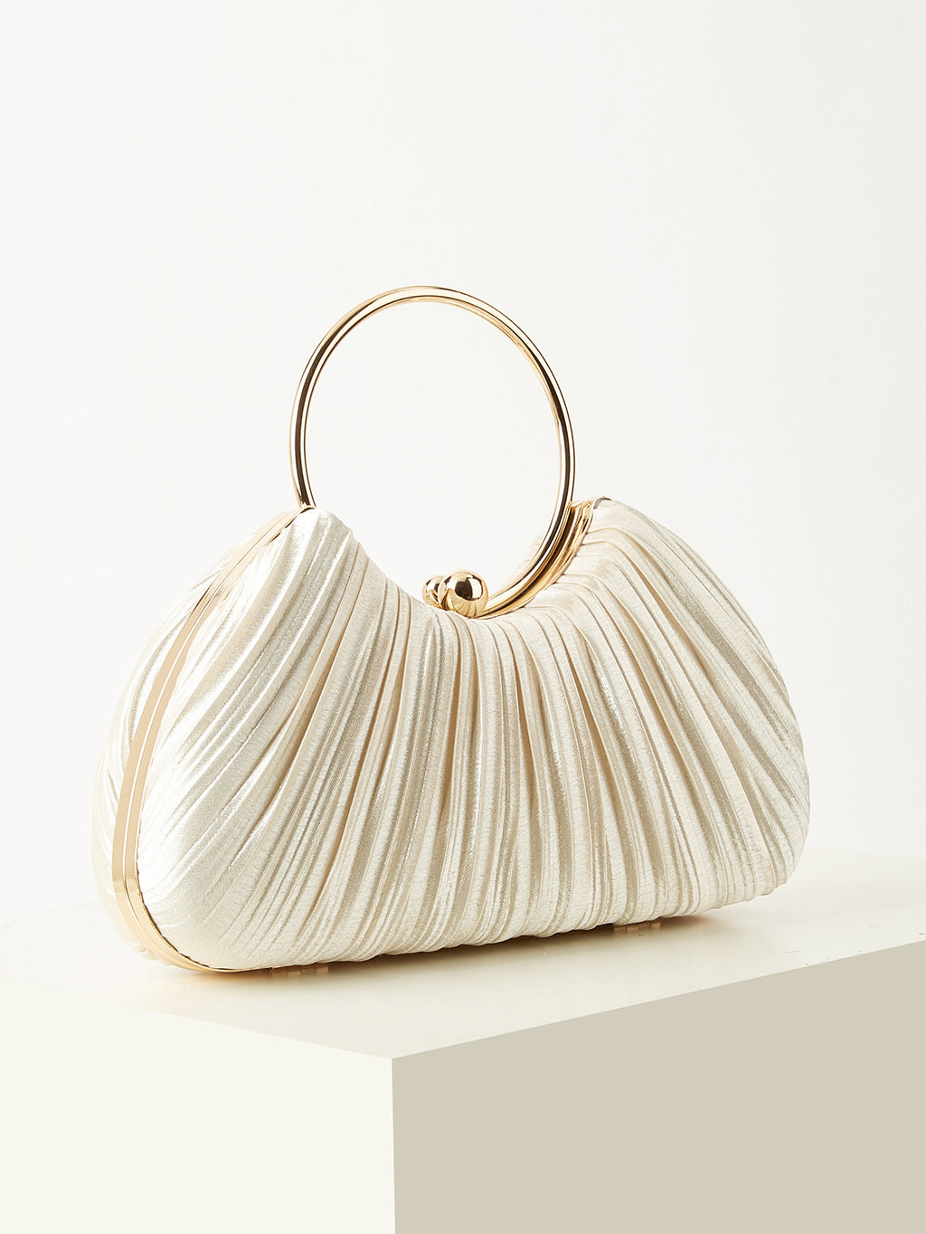 Pleated Satin Evening Bag – Gold Ring Handle Clutch with Chain