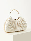 Pleated Satin Evening Bag – Gold Ring Handle Clutch with Chain