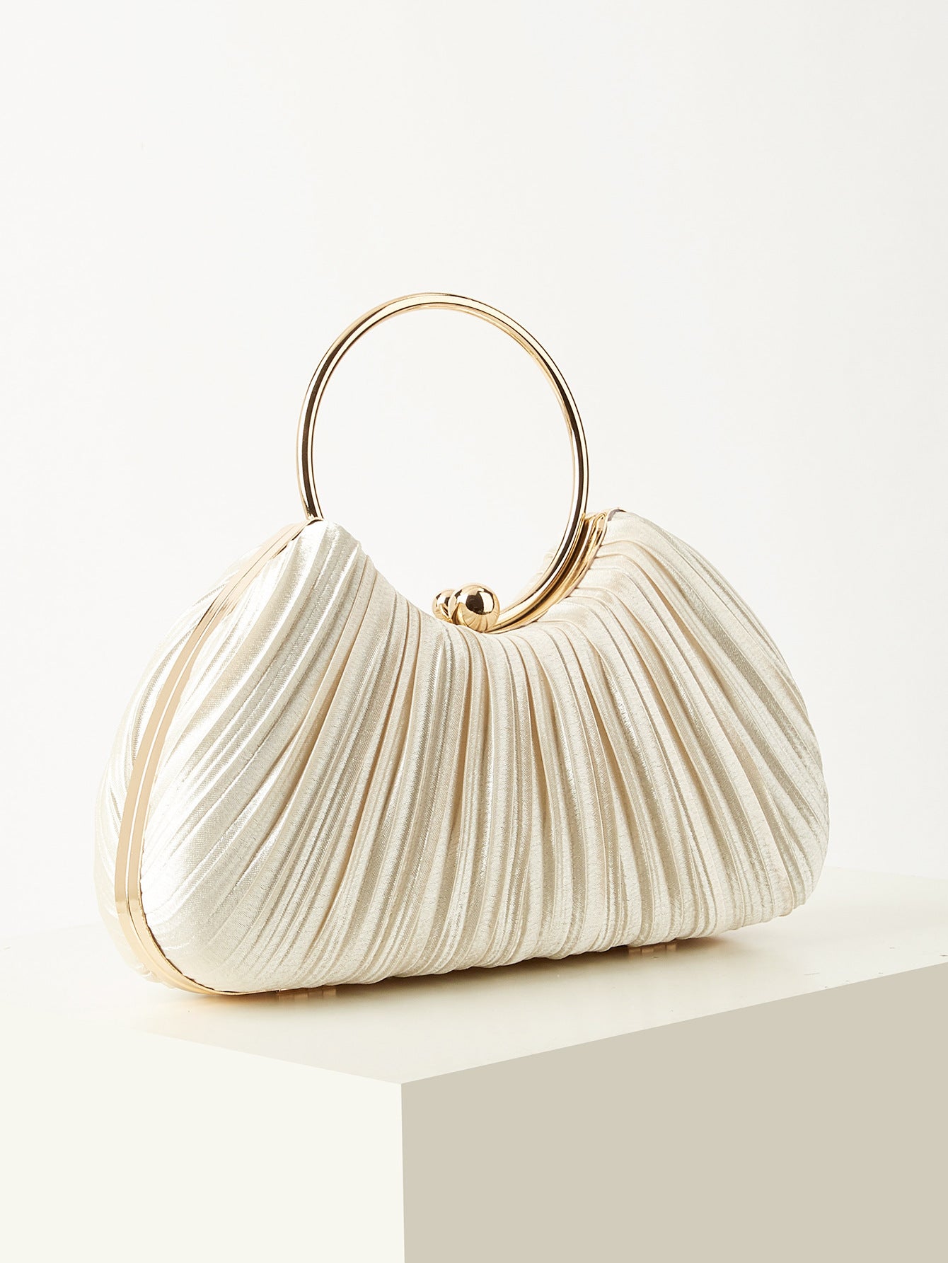 Pleated Satin Evening Bag – Gold Ring Handle Clutch with Chain