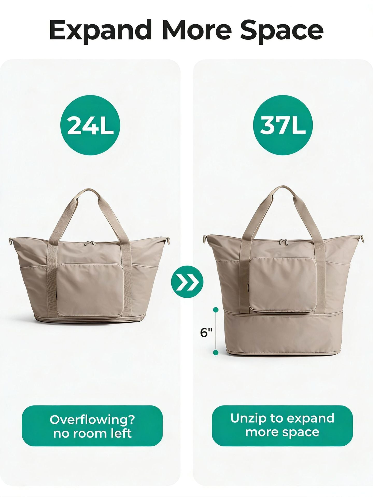 Expandable Foldable Travel Tote – 24L to 37L, Fits 15.6" Laptop