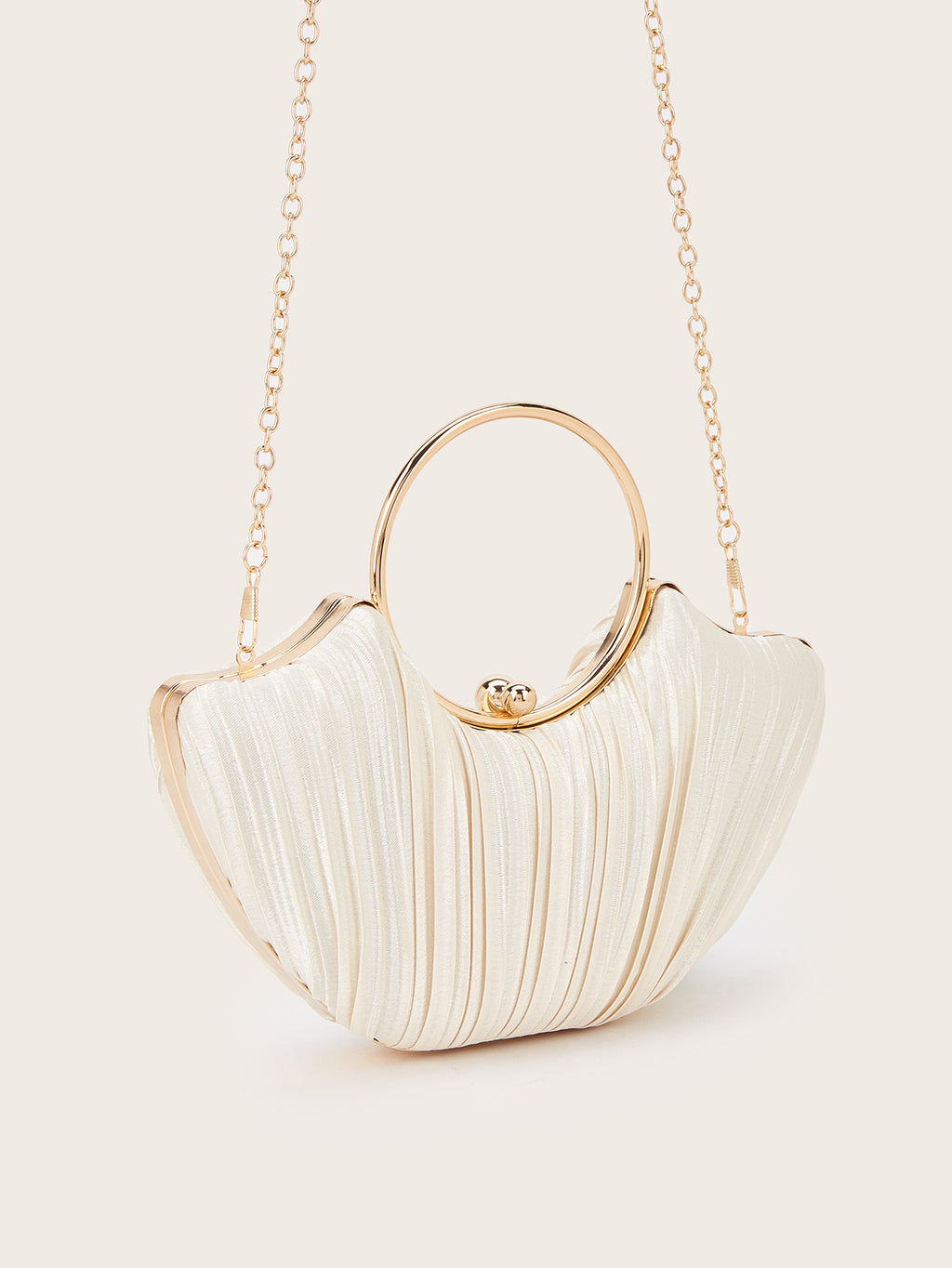 Shell-Shaped Pleated Satin Evening Bag – Gold Ring Handle Clutch