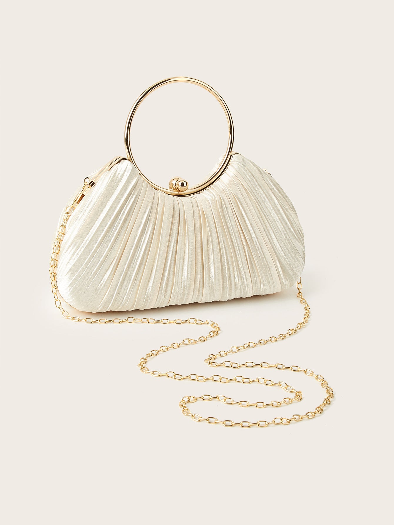 Pleated Satin Evening Bag – Gold Ring Handle Clutch with Chain