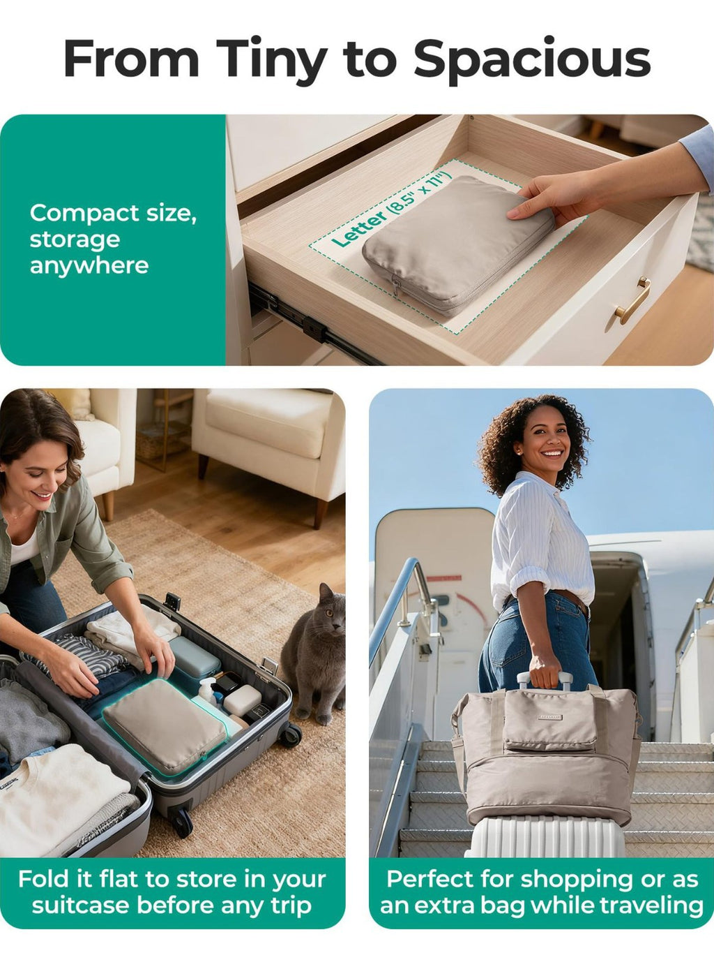 Expandable Foldable Travel Tote – 24L to 37L, Fits 15.6" Laptop