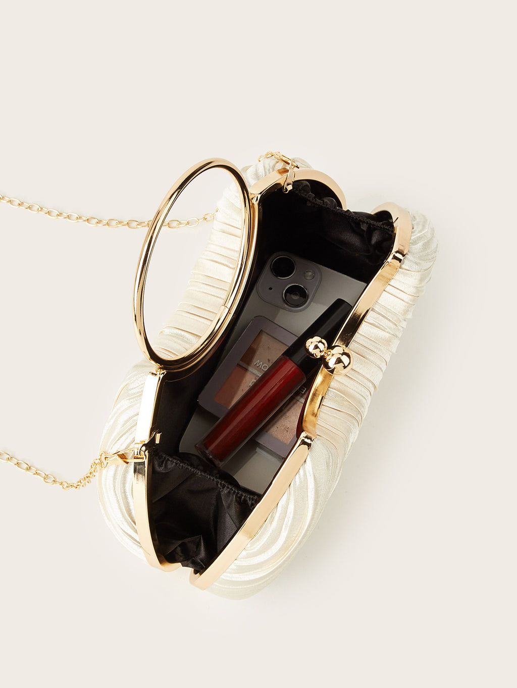 Pleated Satin Evening Bag – Gold Ring Handle Clutch with Chain