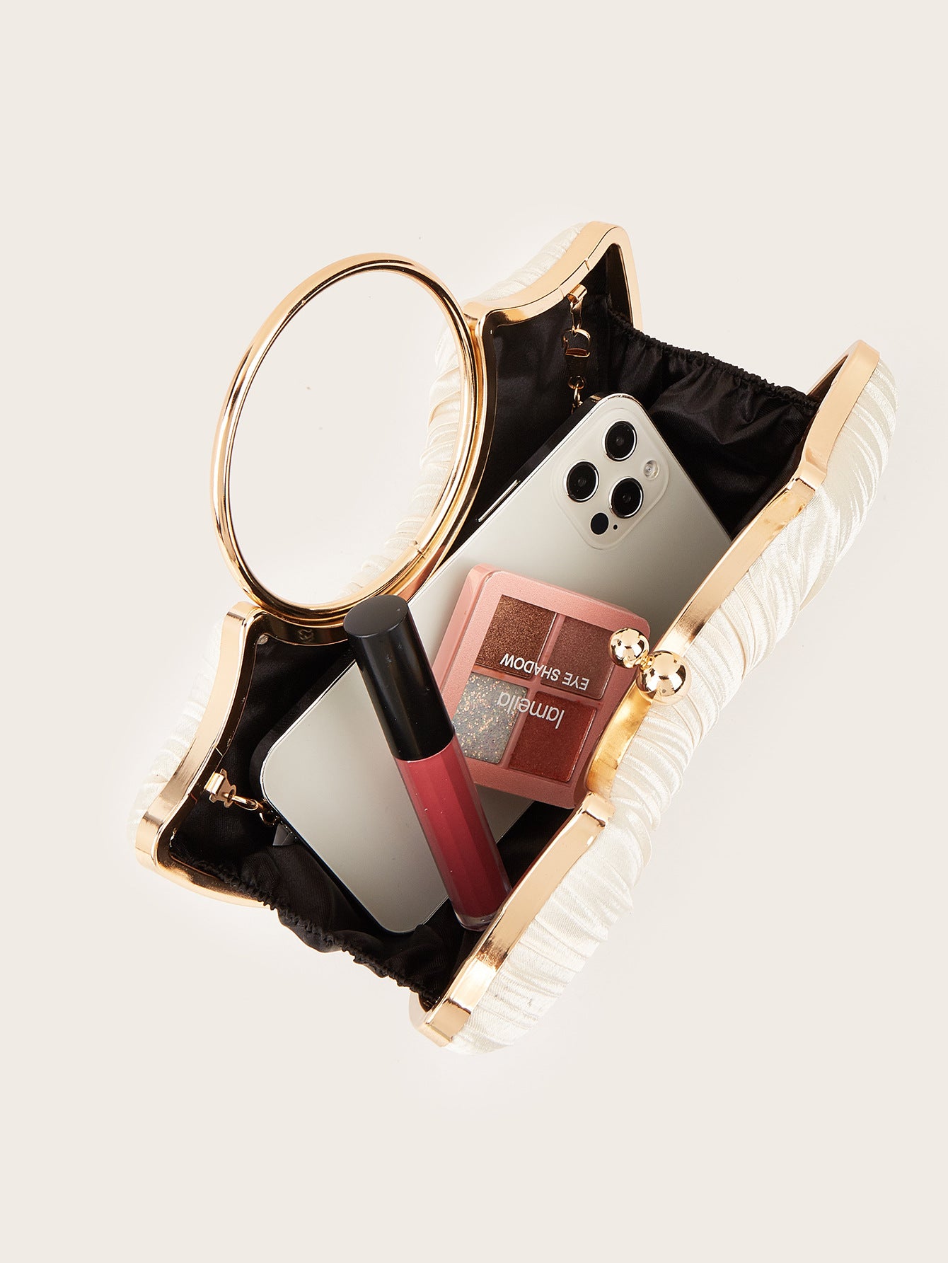 Shell-Shaped Pleated Satin Evening Bag – Gold Ring Handle Clutch