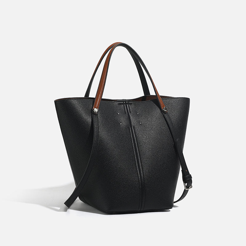 Two-Tone Bucket Tote Bag – Pebbled Leather