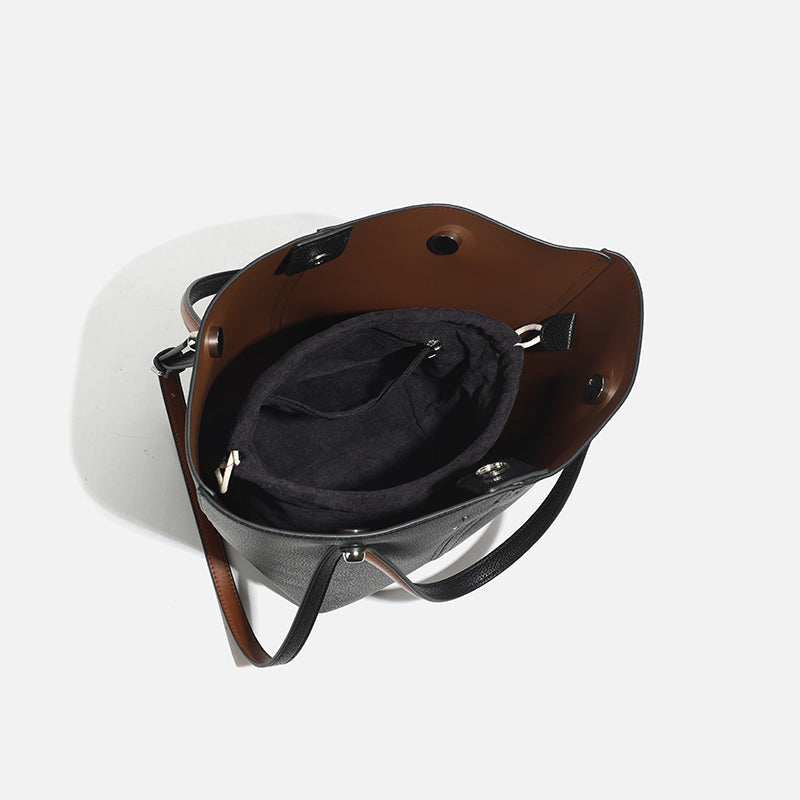 Two-Tone Bucket Tote Bag – Pebbled Leather