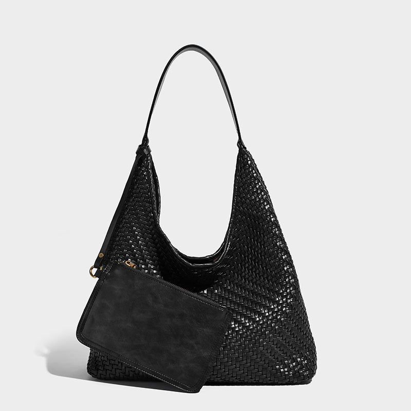 Woven Leather Hobo Shoulder Bag – With Mini Pouch